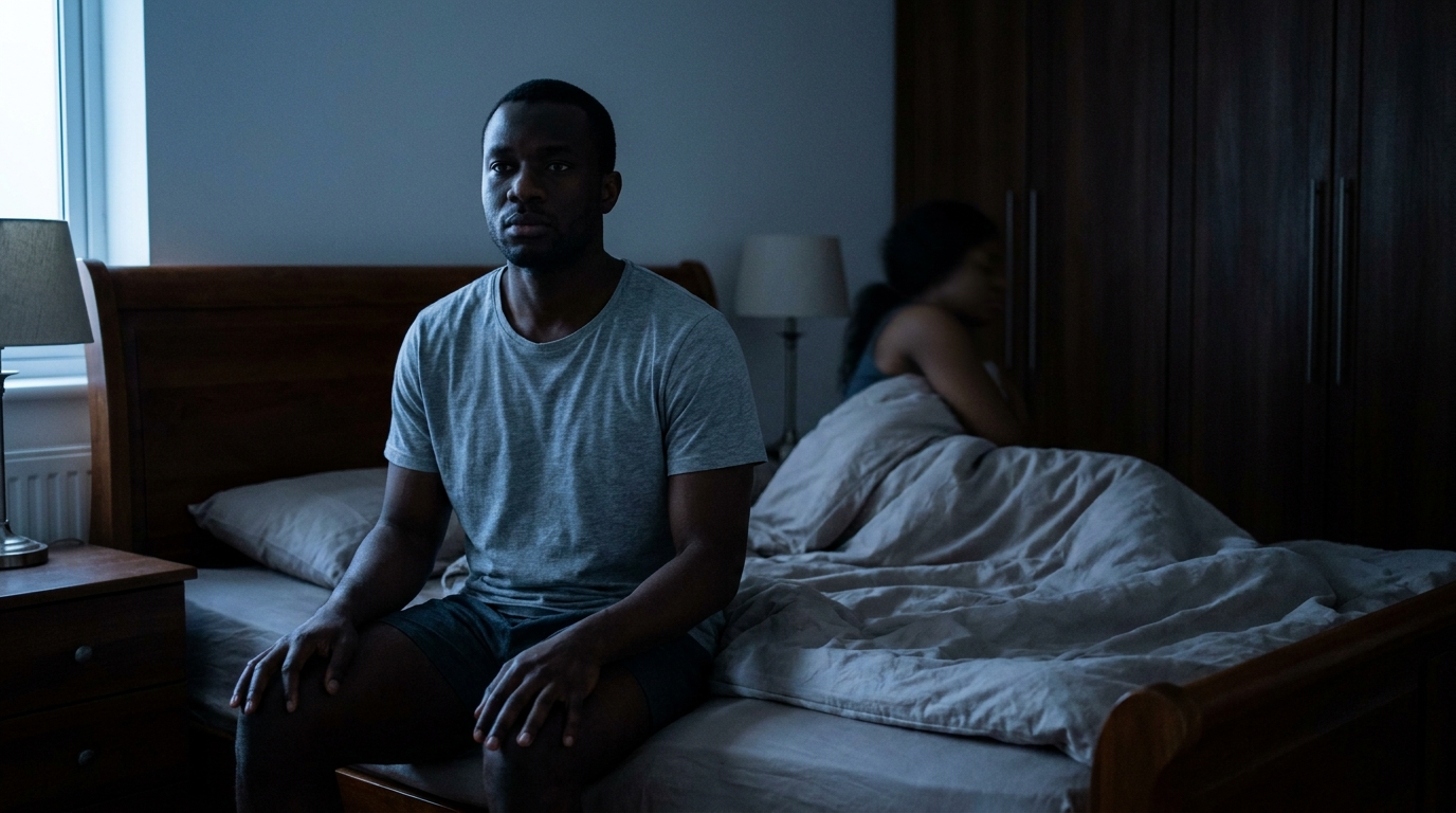 Nigerian man sitting on edge of bed at 3am